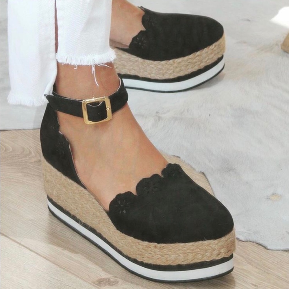 Black suede wedge espadrille